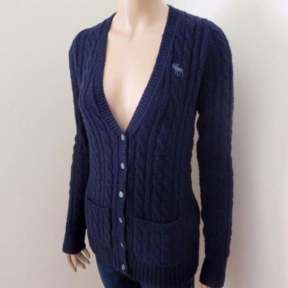 Abercrombie Wool Cable Knit V-Neck Cardigan Size Small Sweater Top Shirt - Picture 2 of 5